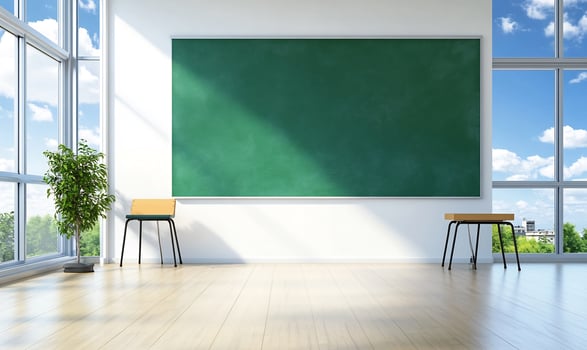 Empty classroom, chalkboard, sunlight, city view, education photo