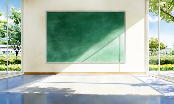 Sunny classroom with empty blackboard, garden view. Education, learning, school photo