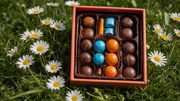 Colorful chocolate assortment in a box placed on a grassy field surrounded by daisies, ideal for dessert promotion photo