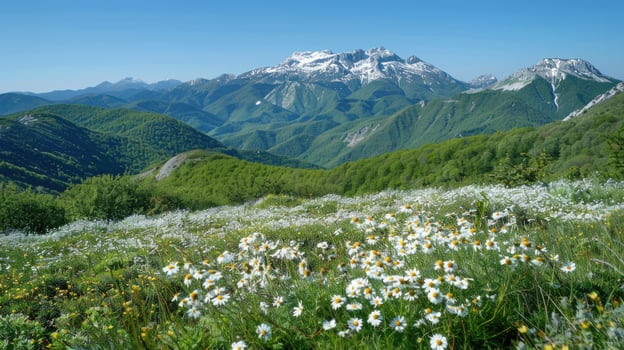 Idyllic mountain vista with blooming daisies and snow capped peaks under blue sky photo