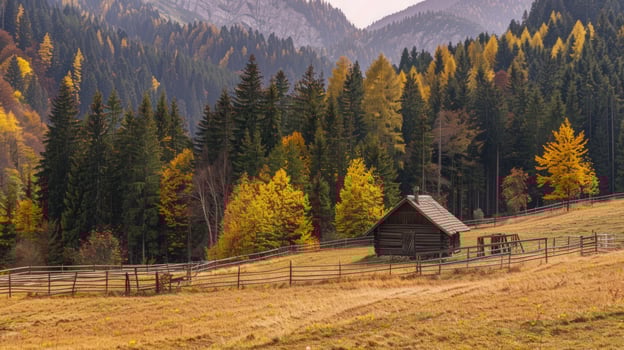 Cabin in autumn forest landscape with meadow and wooden fence photo