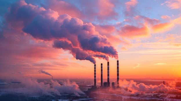 Industrial smoke pollution at sunset dramatic energy production landscape photo