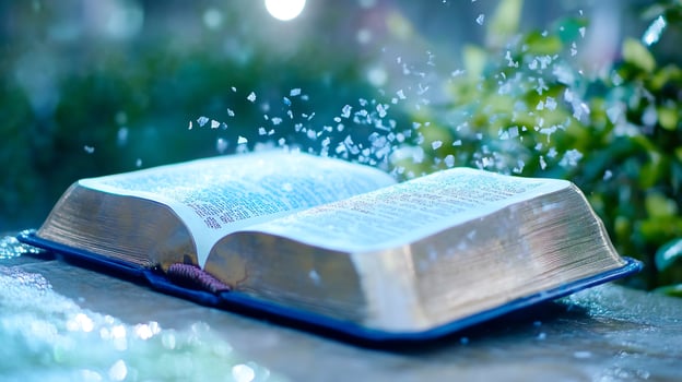Open book, magical particles, garden, night, faith photo