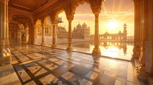 Architectural vista with arched pillars at sunset or sunrise photo