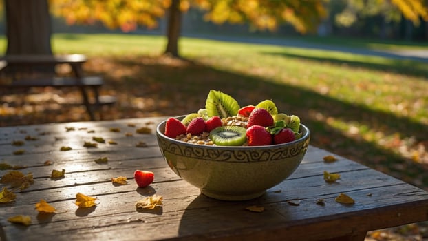 Fresh fruit bowl with strawberries, kiwi, and mint leaves on a rustic table in a sunny autumn park photo