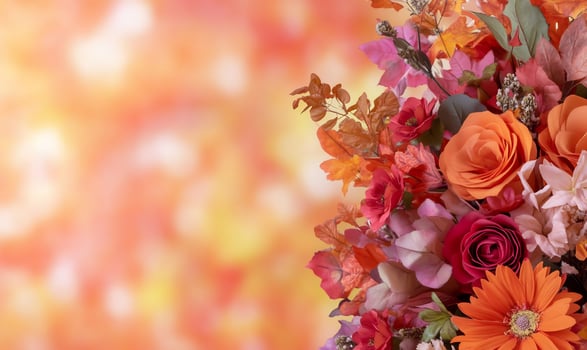 Autumn floral arrangement, bokeh background, greeting card photo