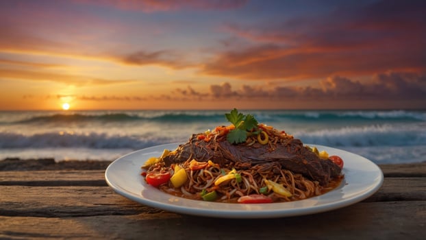 Sunset over a beach with a plate of gourmet noodles and beef, garnished, on a wooden table photo