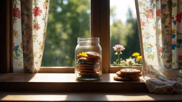Cozy kitchen window with a jar of cookies, sunlight streaming in, flowers blooming outside photo