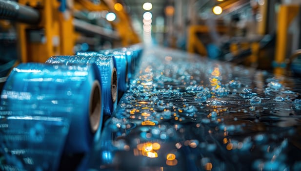 Blue plastic rolls on conveyor belt in factory production photo