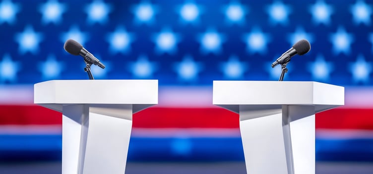 Podiums Debate US Flag Background Politics photo