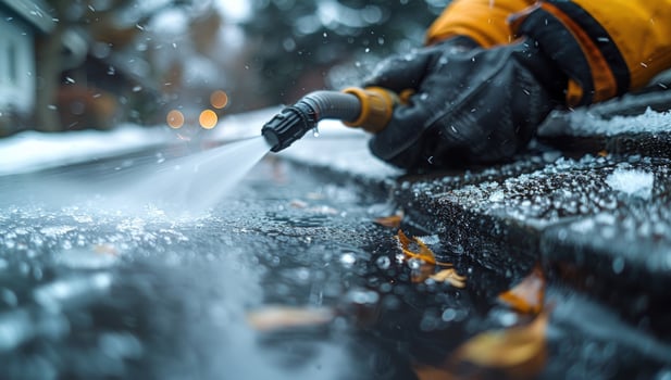 Deicing with hose in winter weather photo