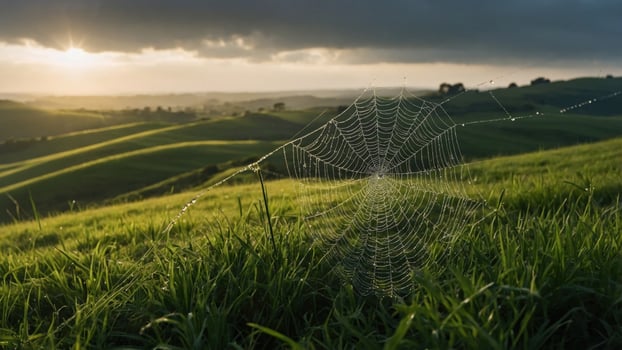 A spider web sits on a grassy hill with the sun setting photo