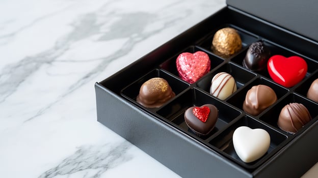 Heartshaped chocolates in box, marble background Valentines gift photo