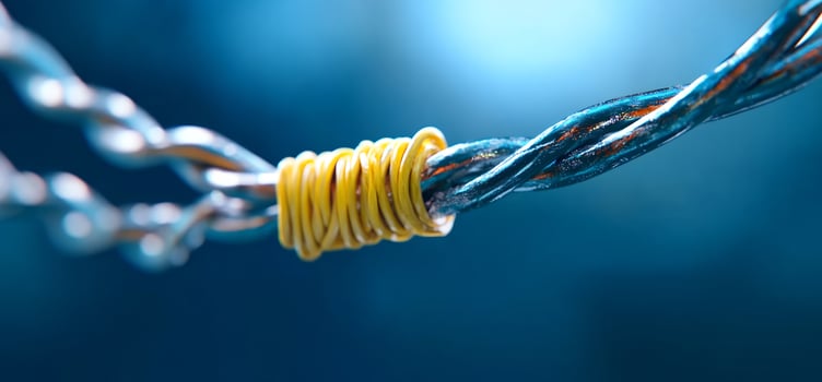 Yellow wire binds blue cables, connection, abstract background photo