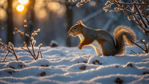 Squirrel in Snowy Landscape at Sunset, Capturing Nature's Beauty and Wildlife in Winter Wonderland photo