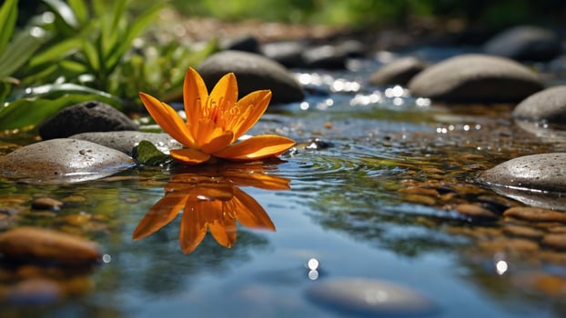 Vibrant orange water lily blooming in a tranquil stream surrounded by smooth stones and lush greenery photo