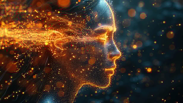 Abstract digital face glowing particle stream technology concept photo