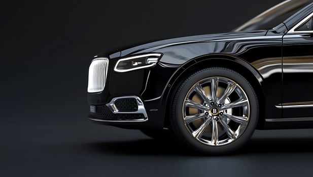 Black luxury sedan, studio shot, dark background, automotive advertising photo