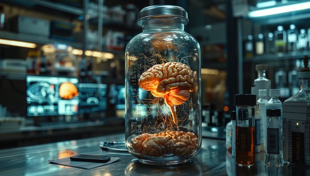 Human brain in glass jar neuroscience medical research photo