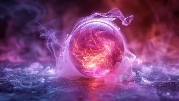 Mystical glowing orb with swirling energy and ethereal smoke abstract background photo