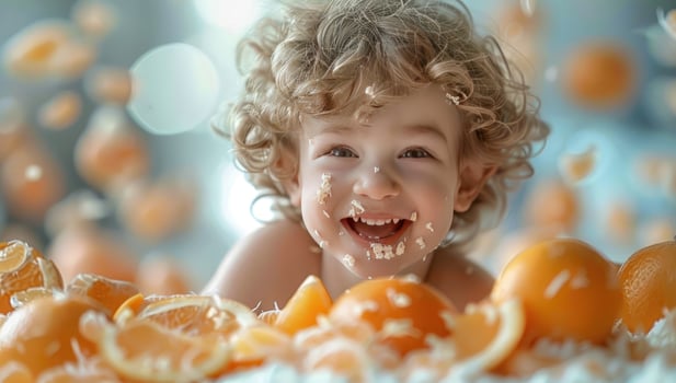 Joyful child smile playfully surrounded by fresh oranges eating vitamin c photo