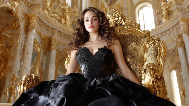 Woman in black gown sits on throne, palace interior photo