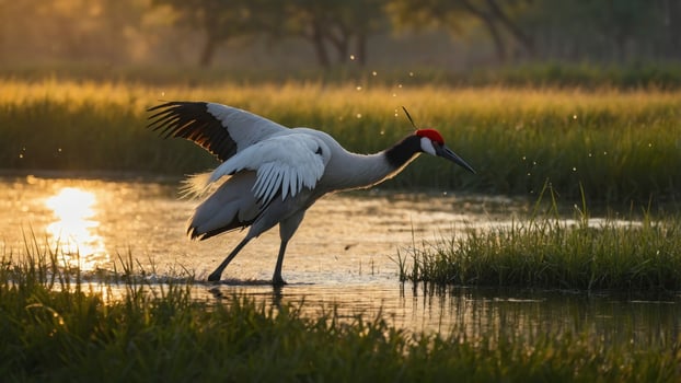 Majestic crane wading through a tranquil wetland at sunrise, with shimmering water and lush greenery photo