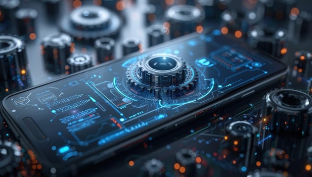 Smartphone tech interface with gears and electronic components photo
