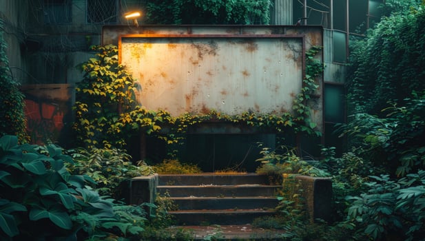 Urban wall reclaimed by nature overgrowth and decay stone steps photo