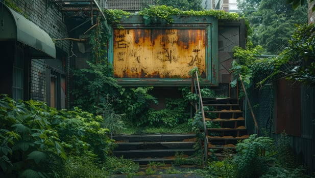 Decaying urban landscape with overgrown stairway and rusty structure amidst lush vegetation photo