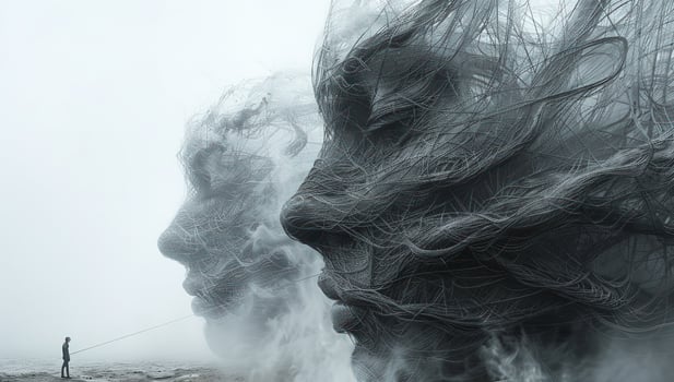 Misty face profiles in grey scale conceptual art with distant fisherman photo