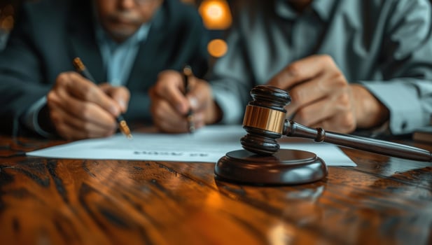 Contract signing and gavel symbolizing legal agreement or business deal photo