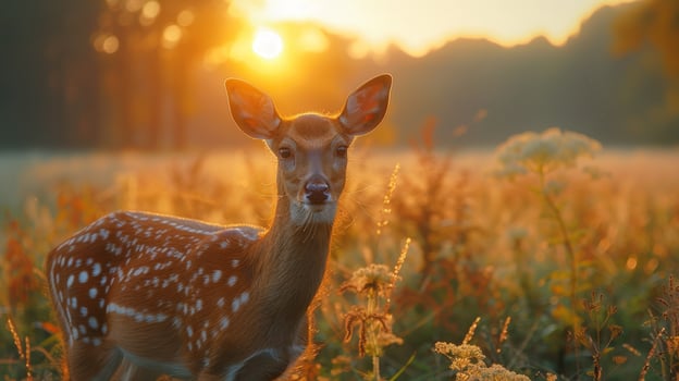 Spotted deer in golden sunlight standing tall in meadow wildlife photo