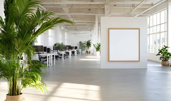 Modern office space, mockup poster, sunlight photo