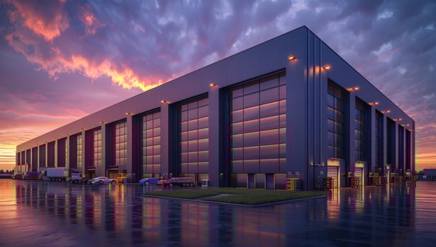 Modern industrial building at sunset commercial architecture and logistics photo