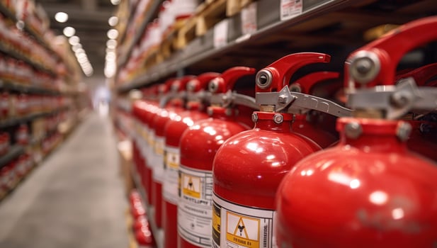 Fire extinguisher row safety preparedness warehouse photo