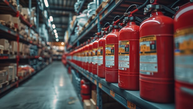 Fire extinguishers in warehouse safety and protection equipment photo