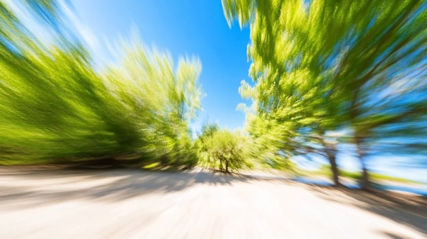 Blurred landscape of vibrant green trees under a blue sky by a river photo