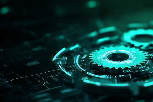 Futuristic gears and technology on a digital interface with glowing elements photo