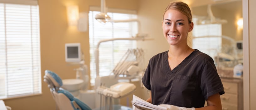 The smiling dental nurse in a modern clinic setting ready to assist patients. photo