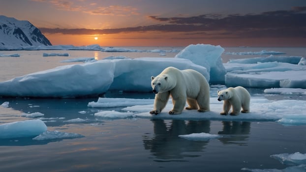 Polar bears walking on melting ice in a serene Arctic landscape during sunset with reflections photo