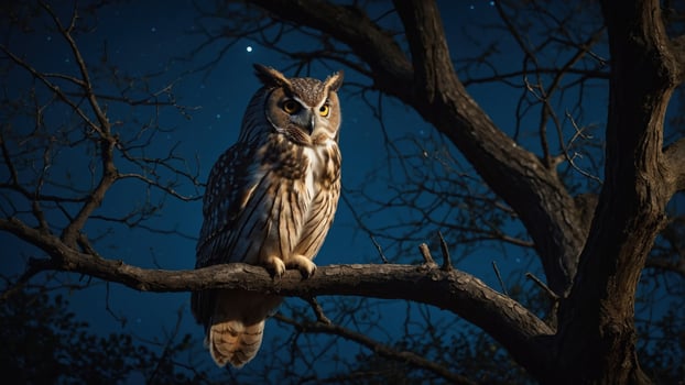 Majestic owl perched on a branch under a starry night sky, surrounded by silhouetted trees photo