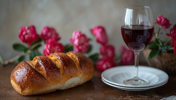 Loaf of bread and red wine with pink roses on wooden table still life photo
