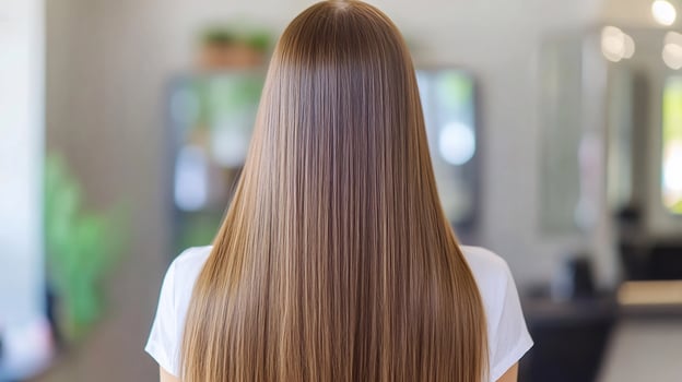 Woman with long, straight hair in a modern salon setting, with plants photo