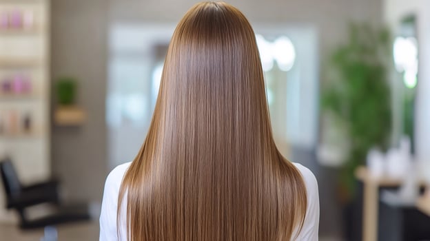 Woman with long, straight hair in a modern salon setting, relaxed ambiance photo