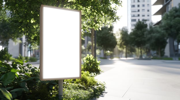 Empty advertising billboard in a modern urban park with greenery photo