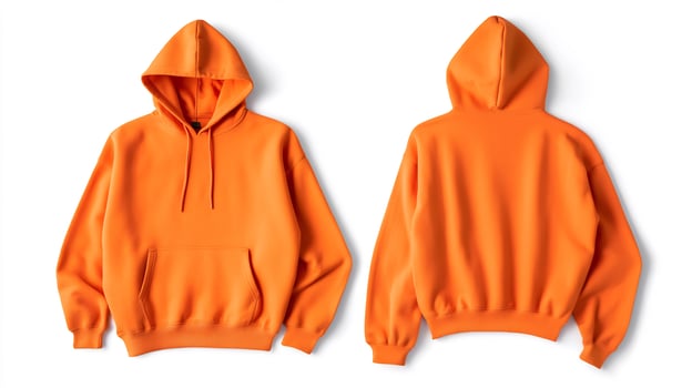 Bright orange hoodie displayed from front and back, showcasing fabric texture photo