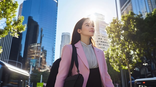 Woman walking city street, looking up, sunlit skyscrapers background business, career photo