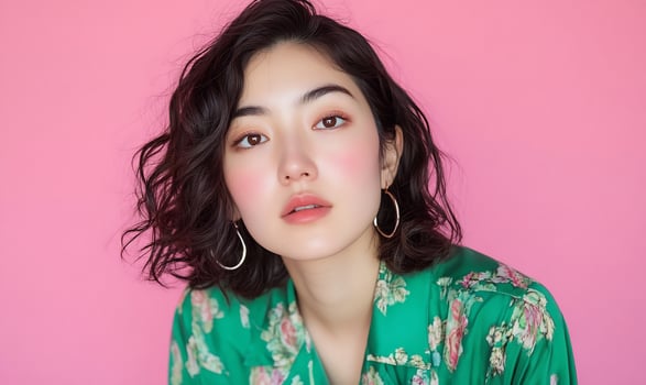 Woman, pink background, floral shirt, beauty portrait, website banner photo