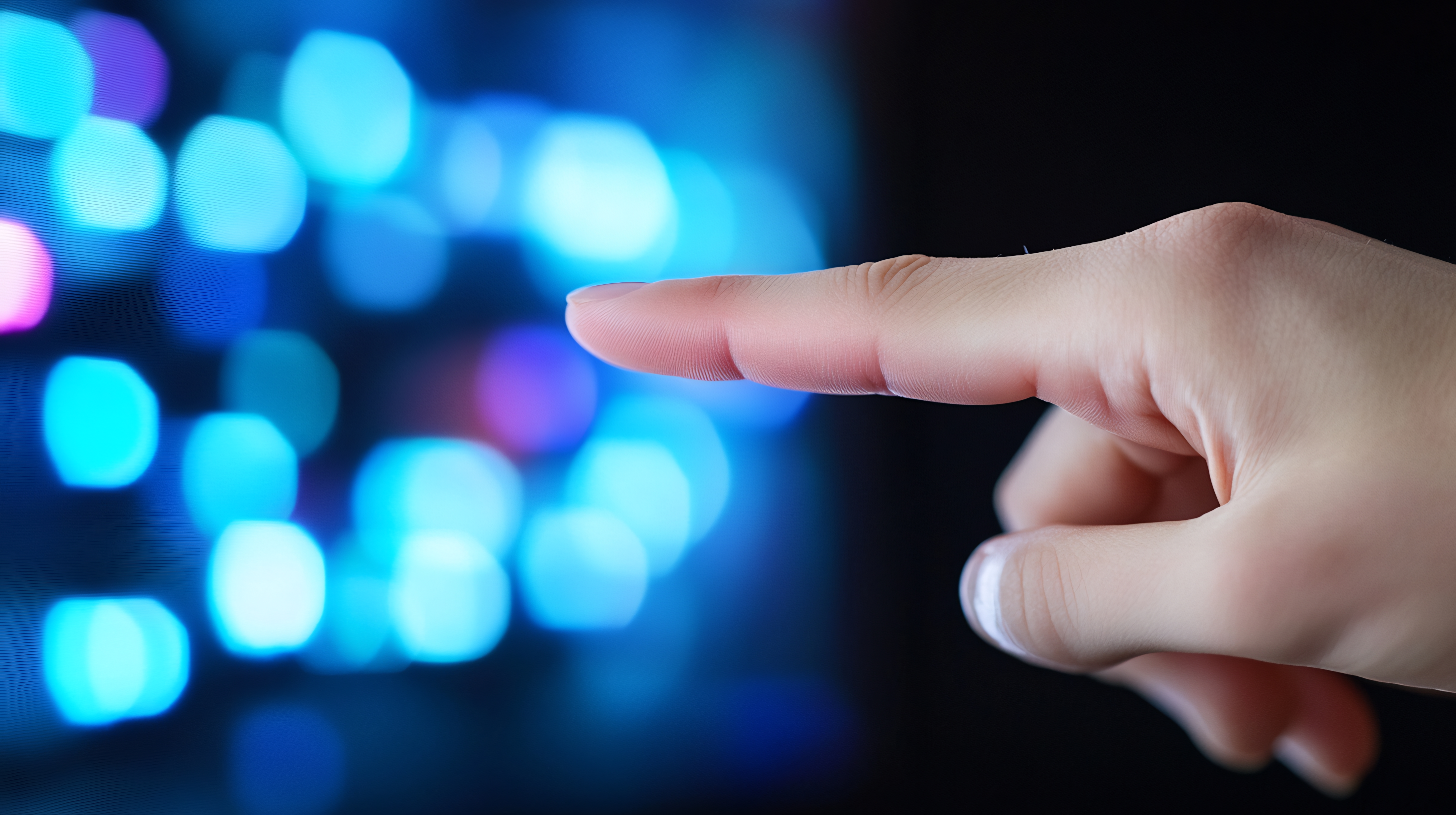 Womans finger pointing, futuristic bokeh background, technology interaction, website banner photo